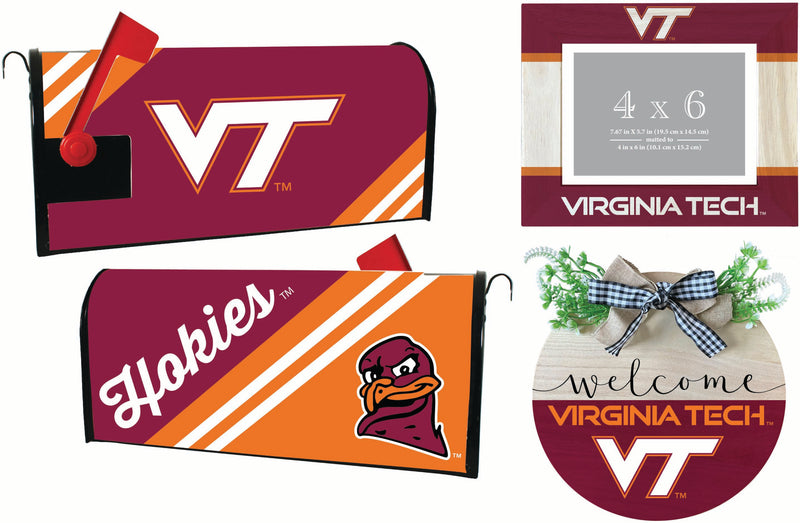 Virginia Tech Hokies Officially Licensed Home Decor Pack - Magnetic Mailbox Cover, Wooden Welcome Wreath Sign & Photo Frame