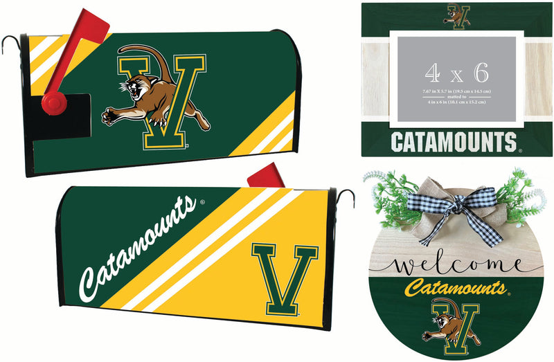 Vermont Catamounts Officially Licensed Home Decor Pack - Magnetic Mailbox Cover, Wooden Welcome Wreath Sign & Photo Frame