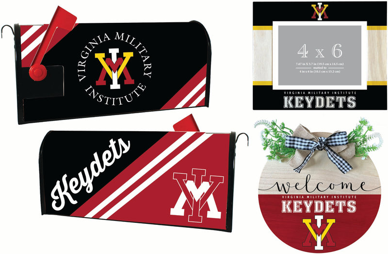 VMI Keydets Officially Licensed Home Decor Pack - Magnetic Mailbox Cover, Wooden Welcome Wreath Sign & Photo Frame