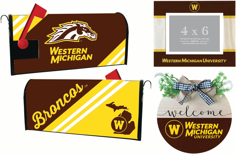 Western Michigan University Officially Licensed Home Decor Pack - Magnetic Mailbox Cover, Wooden Welcome Wreath Sign & Photo Frame