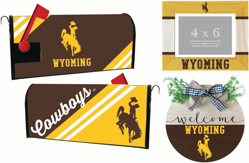 University of Wyoming Officially Licensed Home Decor Pack - Magnetic Mailbox Cover, Wooden Welcome Wreath Sign & Photo Frame