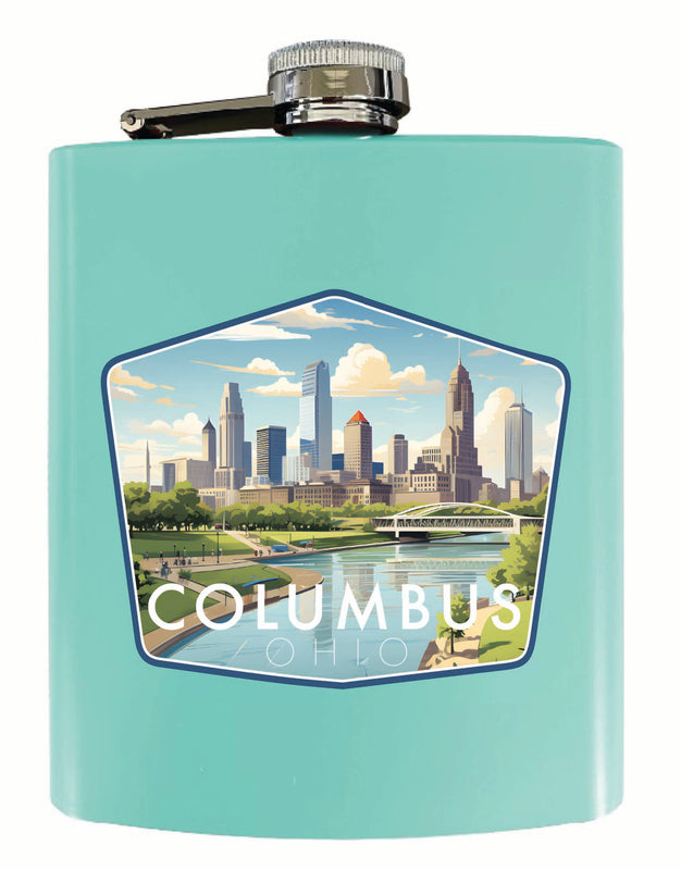 Columbus Ohio Daytime Cityscape Design Souvenir 7 oz Steel Flask Matte Finish Seafoam 2-Pack