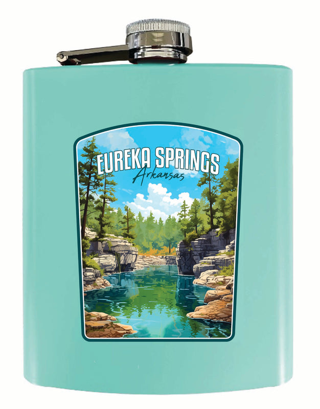 Eureka Springs Arkansas Natural Springs Design Souvenir 7 oz Steel Flask Matte Finish Seafoam 4-Pack