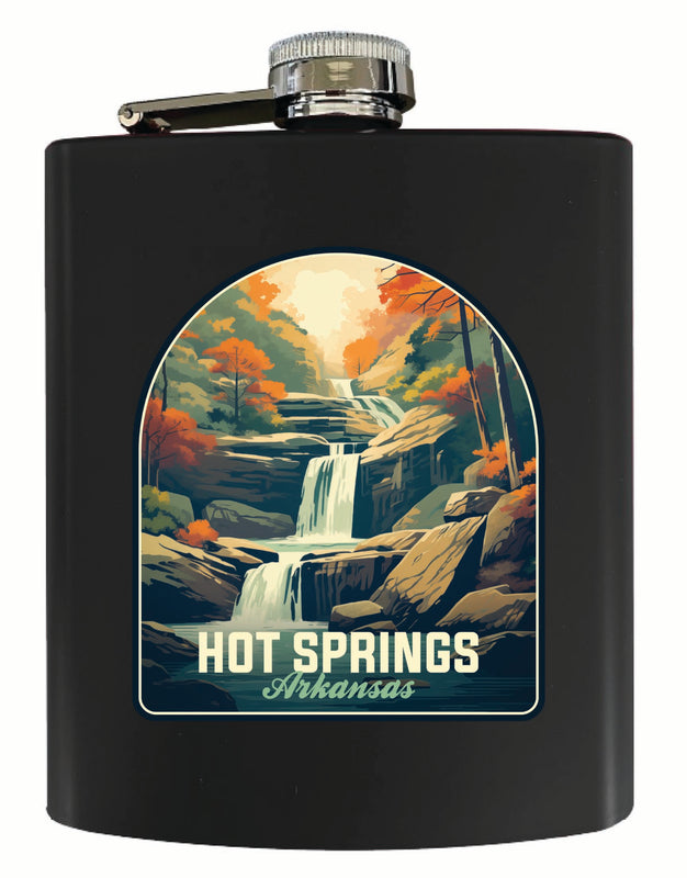 Hot Springs Arkansas Autumn Waterfall Design Souvenir 7 oz Steel Flask Matte Finish Black 4-Pack