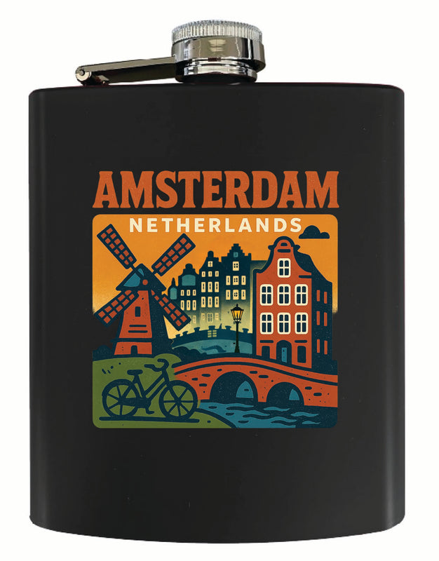Amsterdam Netherlands Vintage Design Souvenir 7 oz Steel Flask Matte Finish Black
