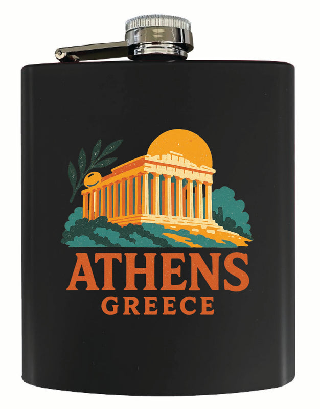 Athens Greece Vintage Design Souvenir 7 oz Steel Flask Matte Finish Black