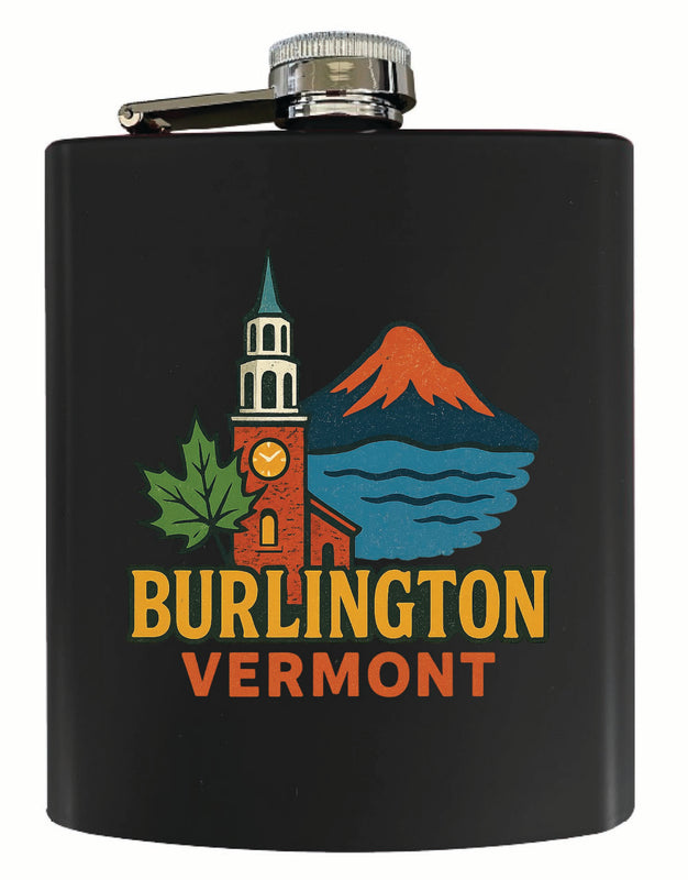 Burlington Vermont Vintage Design Souvenir 7 oz Steel Flask Matte Finish Black