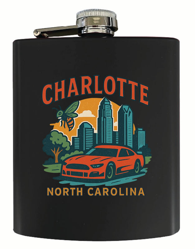 Charlotte North Carolina Vintage Design Souvenir 7 oz Steel Flask Matte Finish Black