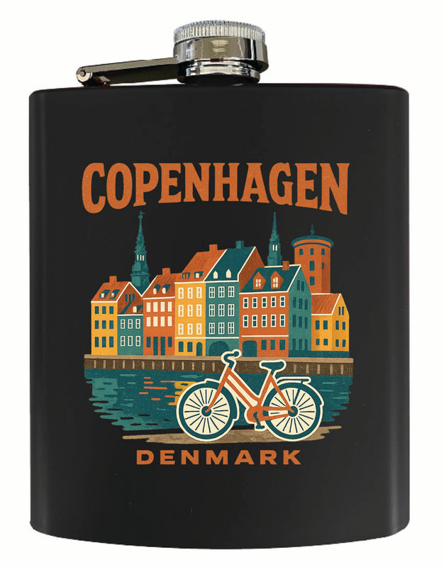 Copenhagen Denmark Vintage Design Souvenir 7 oz Steel Flask Matte Finish Black