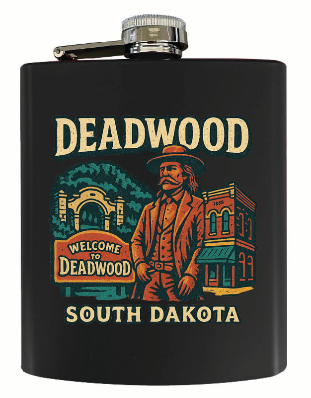 Deadwood South Dakota Vintage Design Souvenir 7 oz Steel Flask Matte Finish Black