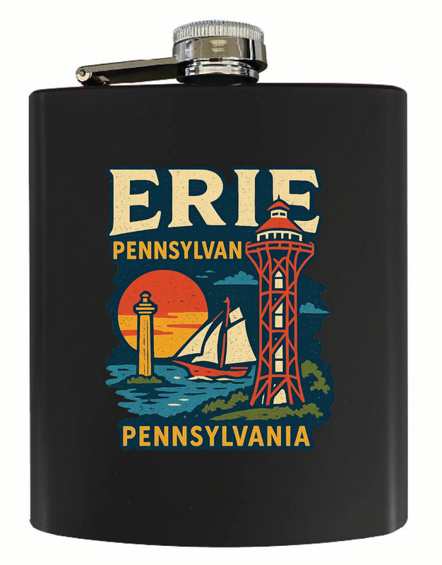 Erie Pennsylvania Vintage Design Souvenir 7 oz Steel Flask Matte Finish Black
