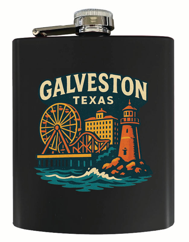 Galveston Texas Vintage Design Souvenir 7 oz Steel Flask Matte Finish Black