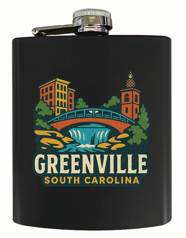 Greenville South Carolina Vintage Design Souvenir 7 oz Steel Flask Matte Finish Black