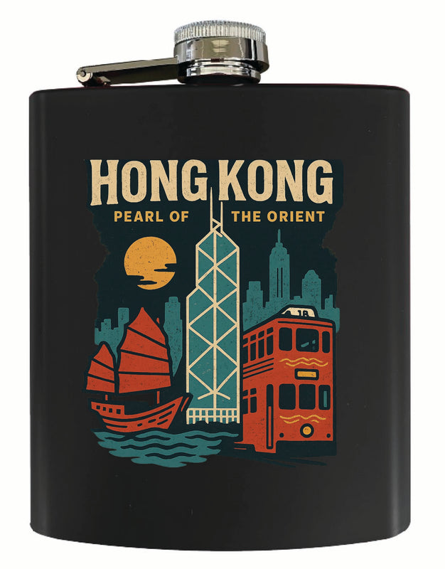 Hong Kong Vintage Design Souvenir 7 oz Steel Flask Matte Finish Black