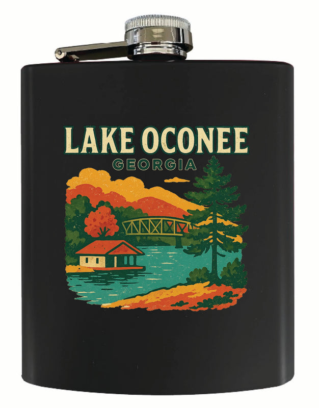 Lake Oconee Georgia Vintage Design Souvenir 7 oz Steel Flask Matte Finish Black