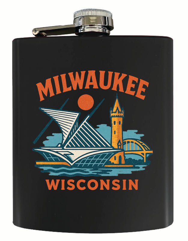 Milwaukee Wisconsin Vintage Design Souvenir 7 oz Steel Flask Matte Finish Black