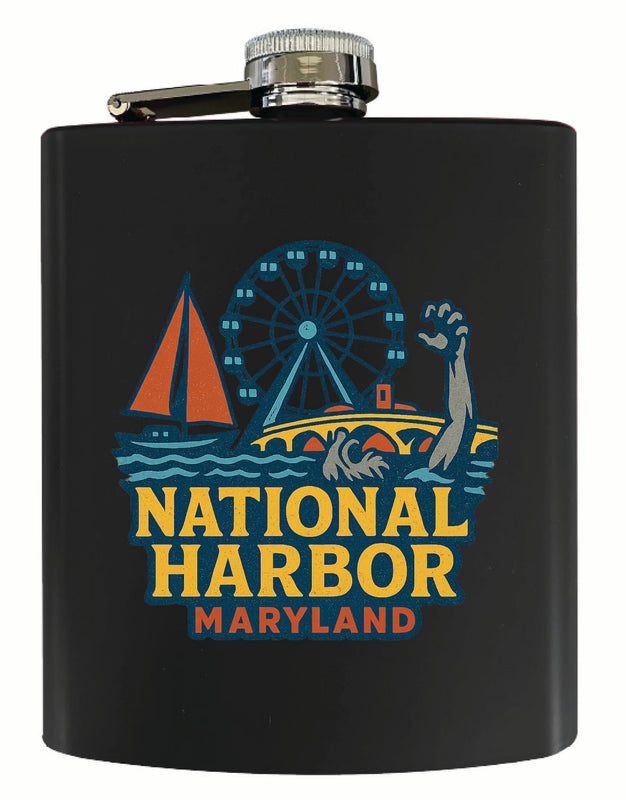National Harbor Maryland Vintage Design Souvenir 7 oz Steel Flask Matte Finish Black