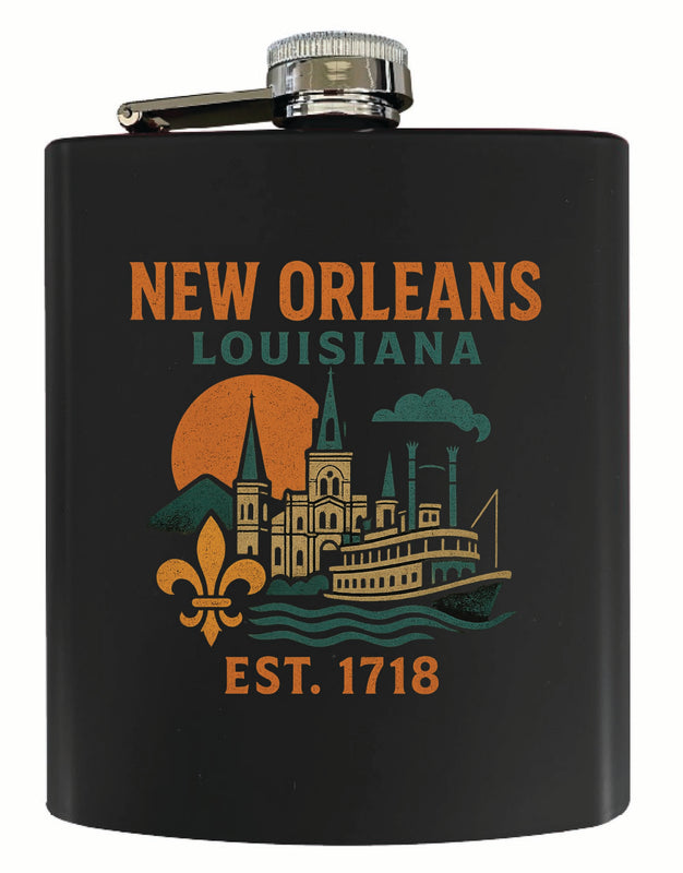 New Orleans Louisiana Vintage Design Souvenir 7 oz Steel Flask Matte Finish Black