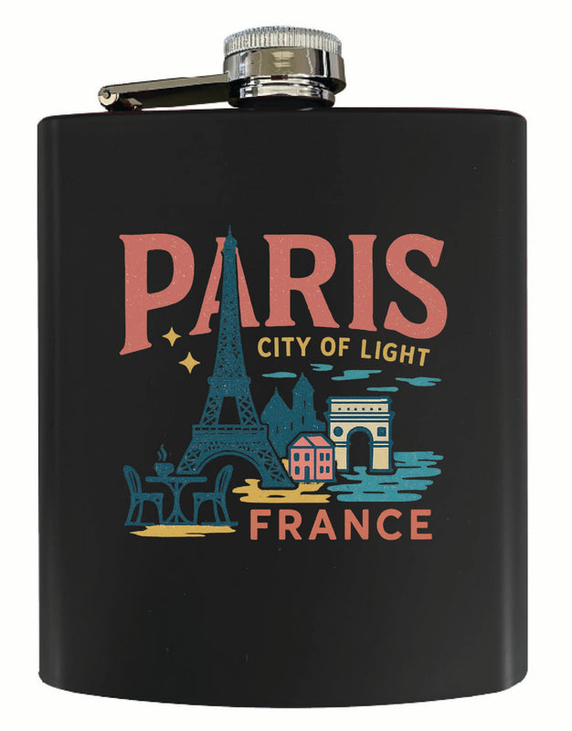 Paris France Vintage Design Souvenir 7 oz Steel Flask Matte Finish Black