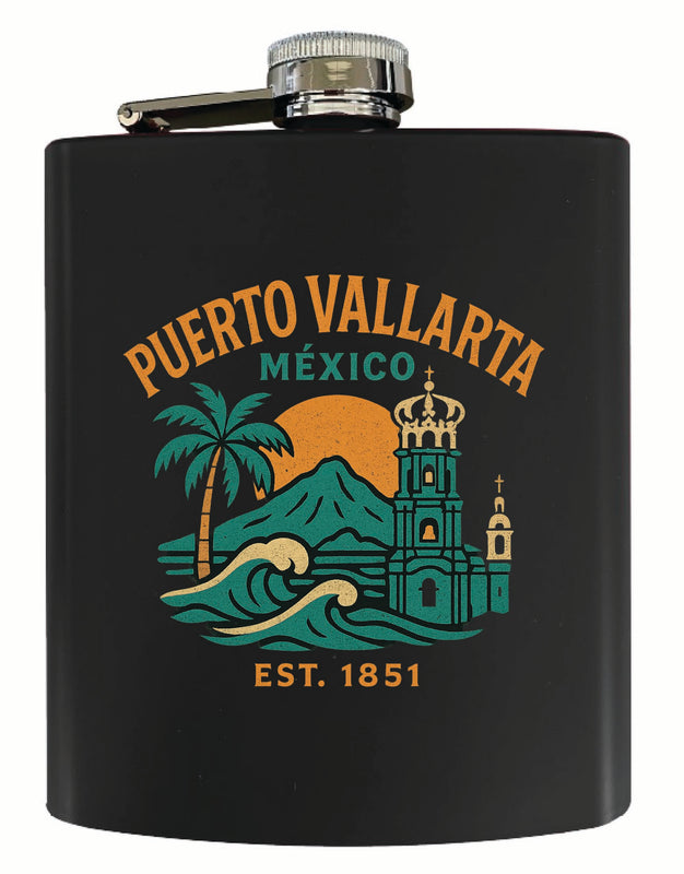 Puerto Vallarta Mexico Vintage Design Souvenir 7 oz Steel Flask Matte Finish Black