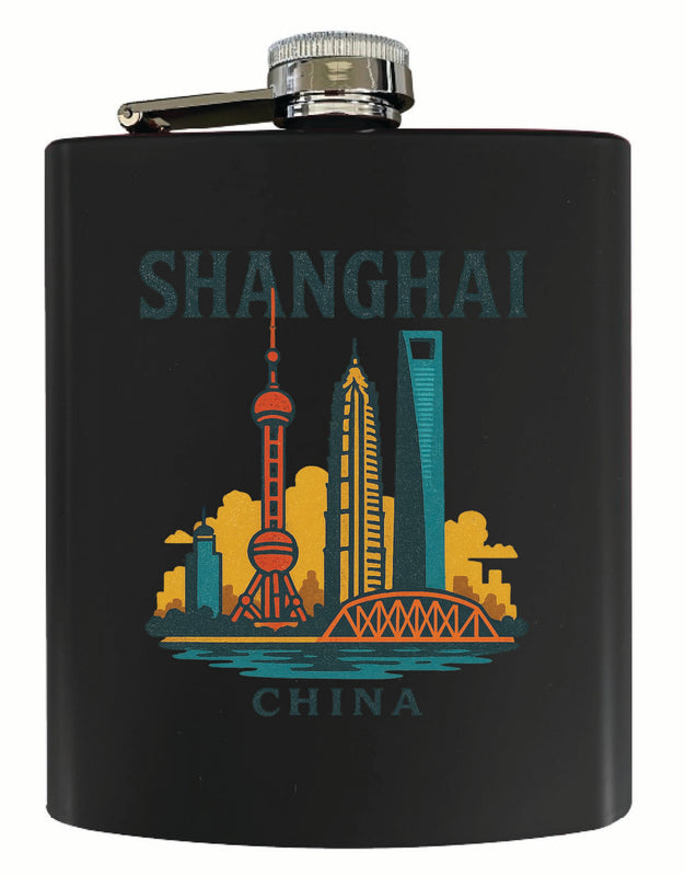 Shanghai China Vintage Design Souvenir 7 oz Steel Flask Matte Finish Black