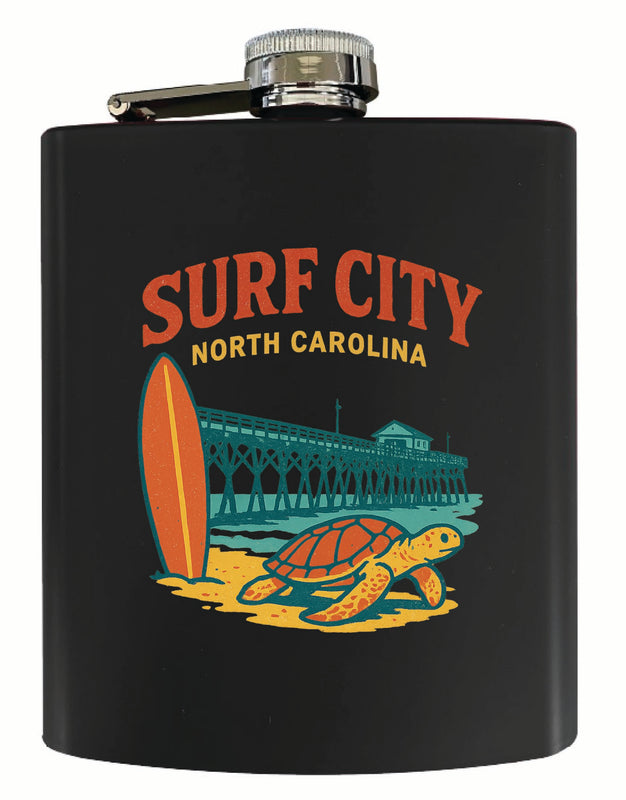 Surf City North Carolina Vintage Design Souvenir 7 oz Steel Flask Matte Finish Black