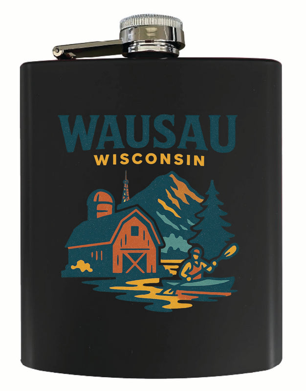 Wausau Wisconsin Vintage Design Souvenir 7 oz Steel Flask Matte Finish Black