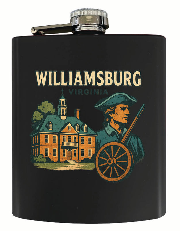 Williamsburg Virginia Vintage Design Souvenir 7 oz Steel Flask Matte Finish Black