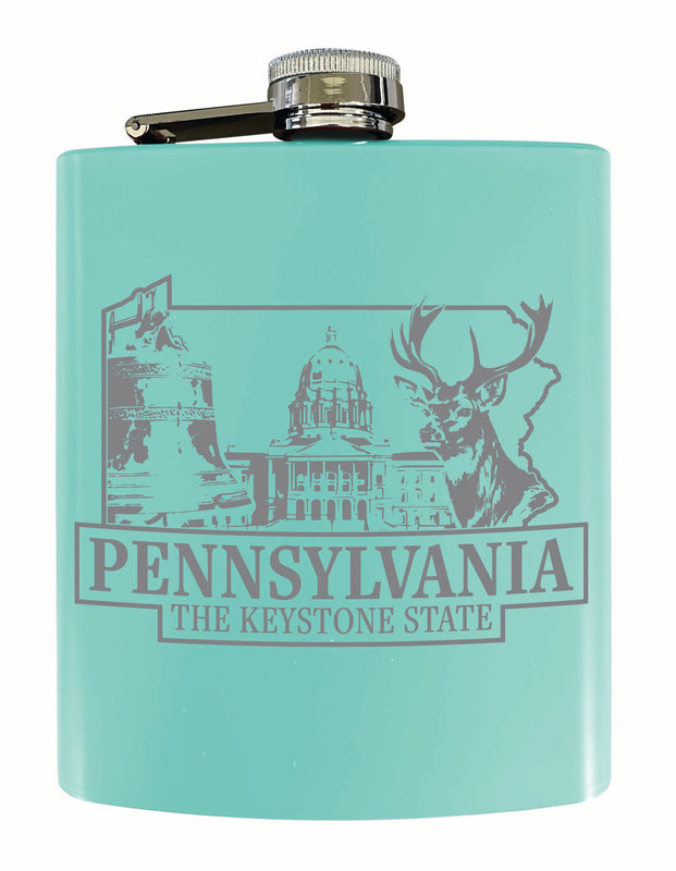 Pennsylvania Souvenir 7 oz Engraved Steel Flask Matte Finish Seafoam 4-Pack