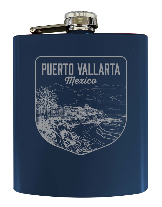 Puerto Vallarta Mexico Souvenir 7 oz Engraved Steel Flask Matte Finish Navy 4-Pack