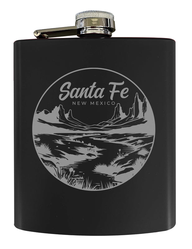 Santa Fe New Mexico Souvenir 7 oz Engraved Steel Flask Matte Finish Black 4-Pack