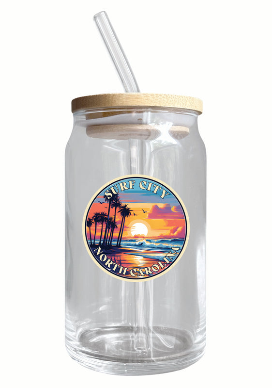 Surf City North Carolina Palm Sunset Design Souvenir 12 oz Beer Can Glass Single