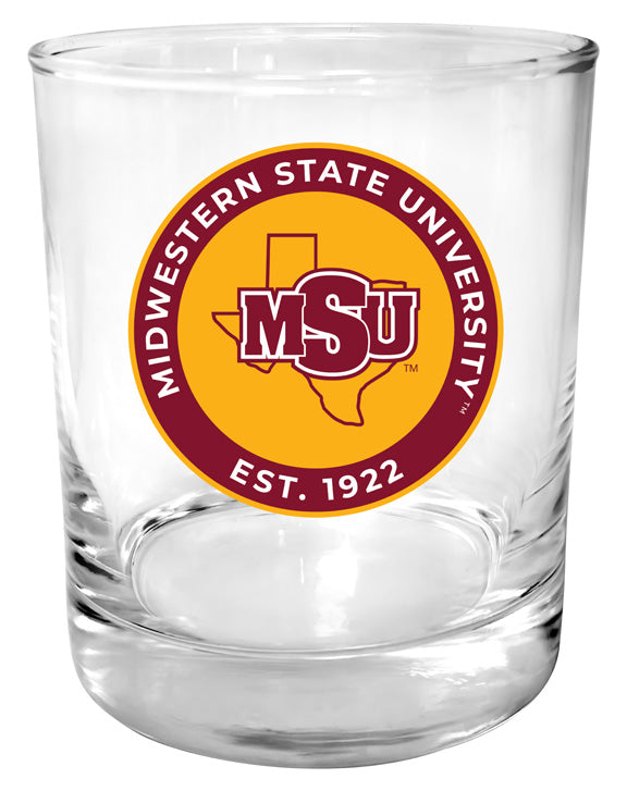 Midwestern State University Mustangs 11 oz Round College Whiskey Glass – Officially Licensed with Full Color or Engraved Logo