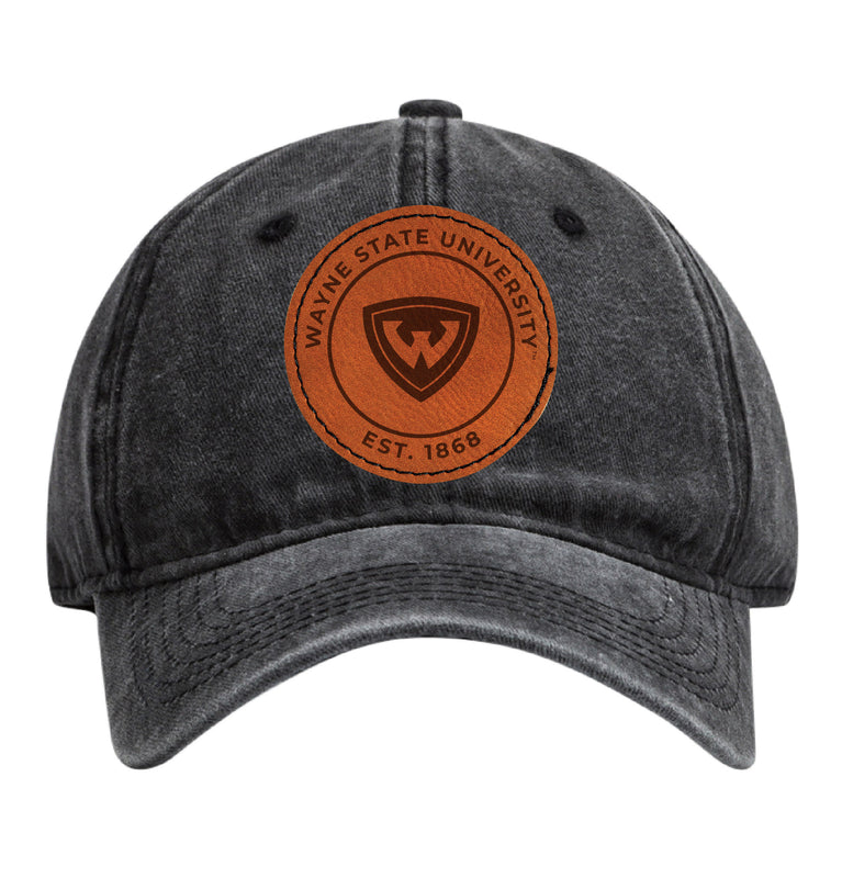 Wayne State Officially Licensed Dad Hat Unisex Soft Baseball Cap with Round Engraved Leather Patch Black