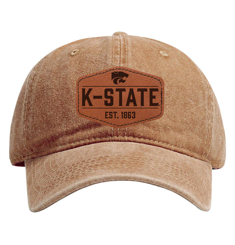 Kansas State Wildcats Officially Licensed Dad Hat Unisex Soft Baseball Cap with Hexagon Engraved Leather Patch Coffee