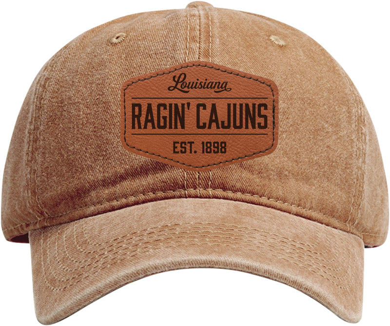 Louisiana at Lafayette Ragin' Cajuns Officially Licensed Dad Hat Unisex Soft Baseball Cap with Hexagon Engraved Leather Patch Coffee