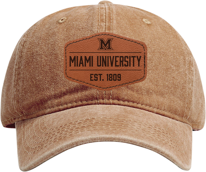 Miami University of Ohio Officially Licensed Dad Hat Unisex Soft Baseball Cap with Hexagon Engraved Leather Patch Coffee