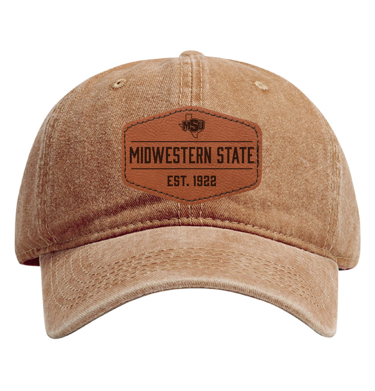 Midwestern State University Mustangs Officially Licensed Dad Hat Unisex Soft Baseball Cap with Hexagon Engraved Leather Patch Coffee