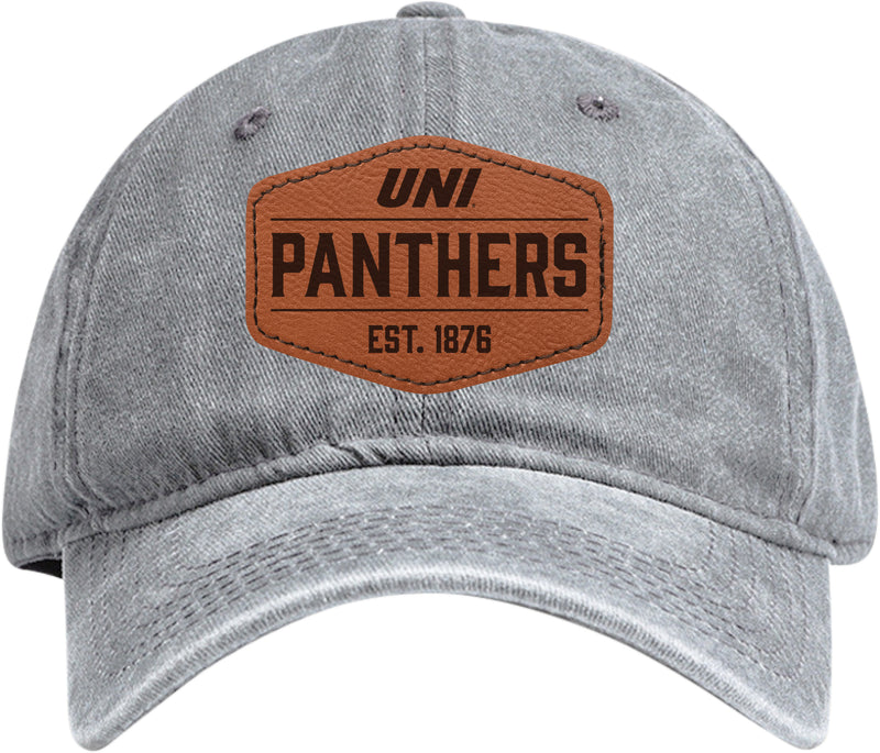 Northern Iowa Panthers Officially Licensed Dad Hat Unisex Soft Baseball Cap with Hexagon Engraved Leather Patch Gray