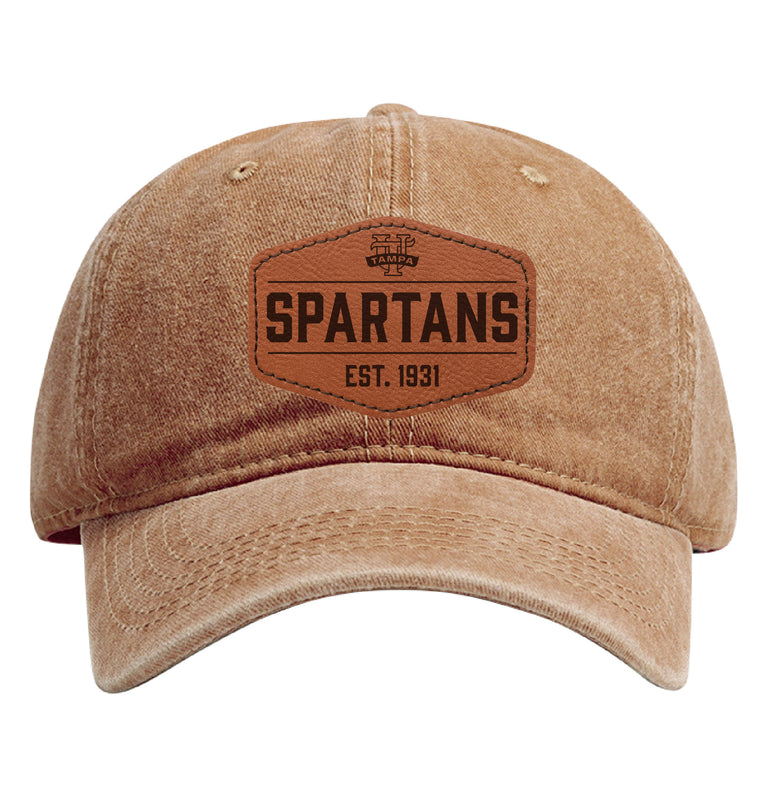 University of Tampa Spartans Officially Licensed Dad Hat Unisex Soft Baseball Cap with Hexagon Engraved Leather Patch Coffee
