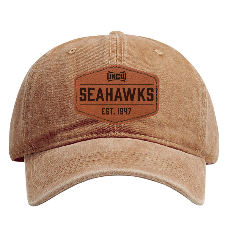North Carolina Wilmington Seahawks Officially Licensed Dad Hat Unisex Soft Baseball Cap with Hexagon Engraved Leather Patch Coffee