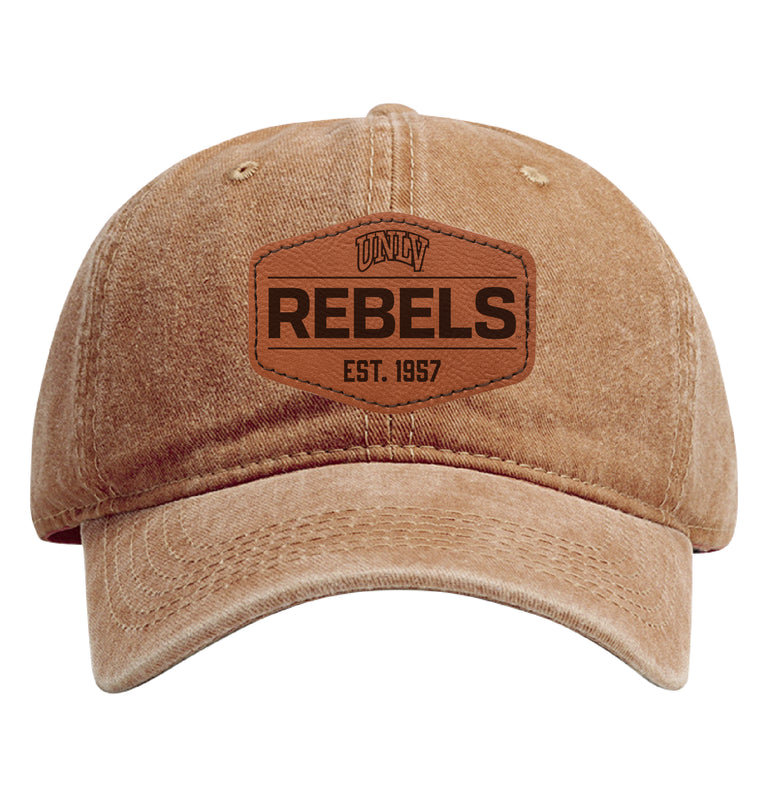 UNLV Rebels Officially Licensed Dad Hat - Unisex Baseball Cap with Hexagon Engraved Leather Patch Coffee