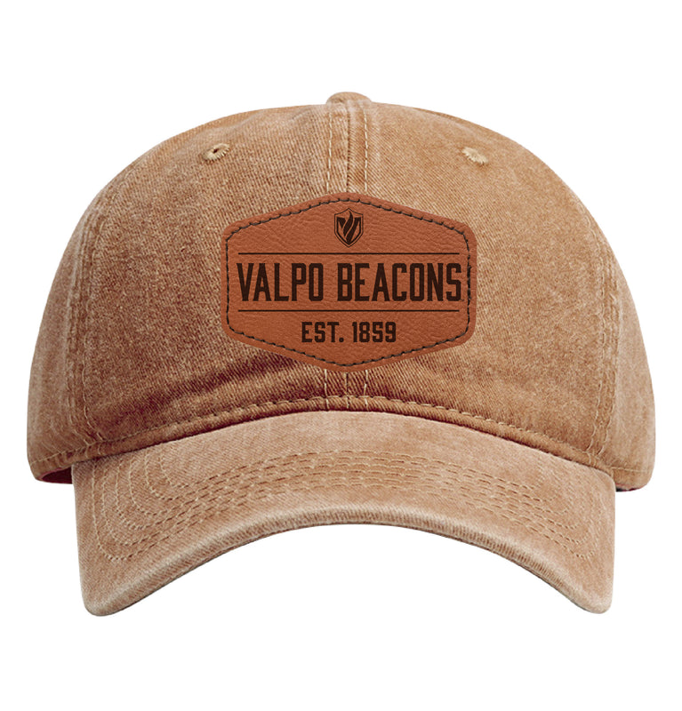Valparaiso University Officially Licensed Dad Hat Unisex Soft Baseball Cap with Hexagon Engraved Leather Patch Coffee