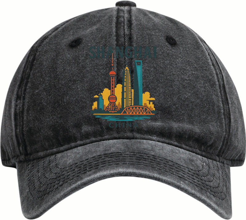Shanghai China Vintage Design Black Dad Hat – Unisex Soft Baseball Cap Black
