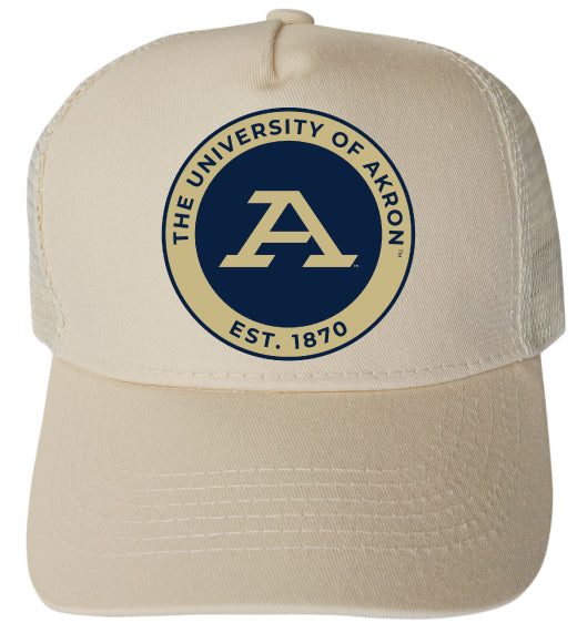 Akron Zips Officially Licensed Trucker Hat - Unisex Mesh Back Cap with Full Color Heat Transfer Logo Cream