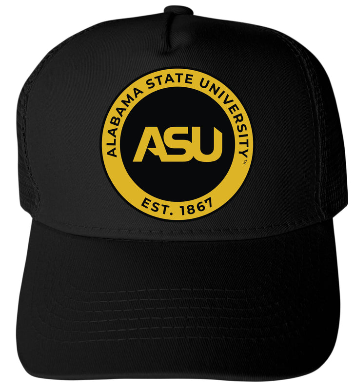 Alabama State University Officially Licensed Trucker Hat - Unisex Mesh Back Cap with Full Color Heat Transfer Logo Black