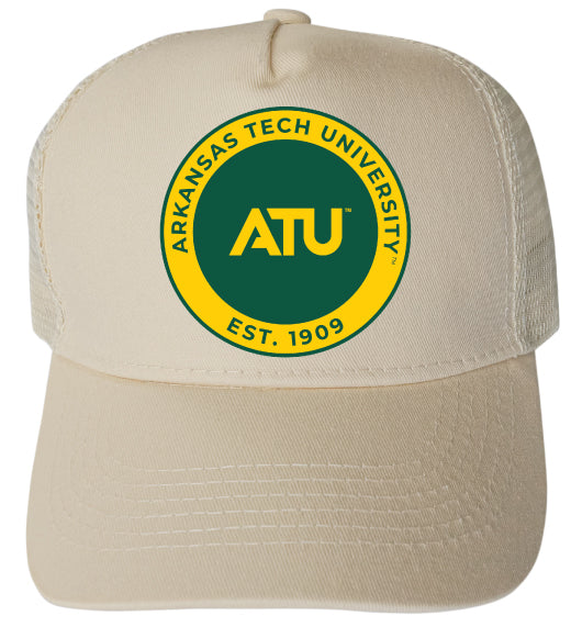 Arkansas Tech University Officially Licensed Trucker Hat - Unisex Mesh Back Cap with Full Color Heat Transfer Logo Cream