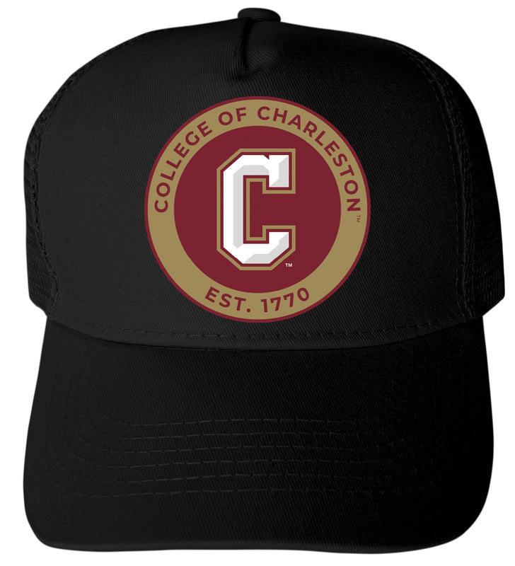 College of Charleston Officially Licensed - Unisex Trucker Hat with Full Color Heat Transfer Logo Black