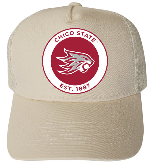 California State University Chico Officially Licensed Trucker Hat - Unisex Mesh Back Cap with Full Color Heat Transfer Logo Cream