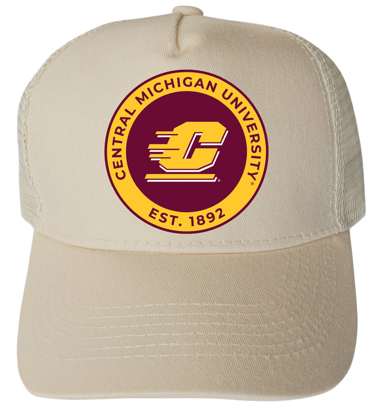 Central Michigan University Officially Licensed Trucker Hat - Unisex Mesh Back Cap with Full Color Heat Transfer Logo Cream